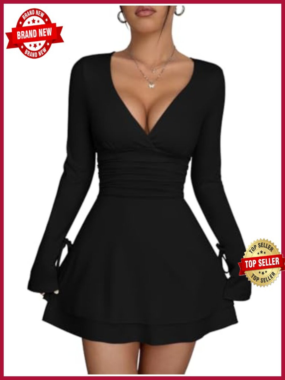 Sexy Wrap V Neck Long Sleeve Flowy Hem Club Mini Dress